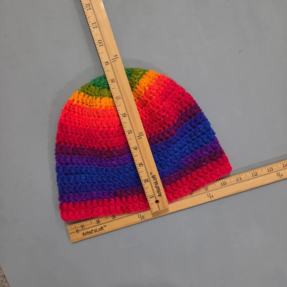 Handmade Crochet Rainbow Striped Beanie Hat Womens One Size Adult Colorful